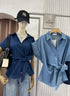 Turn Down Collar Waist Tie Design Denim Shirt
